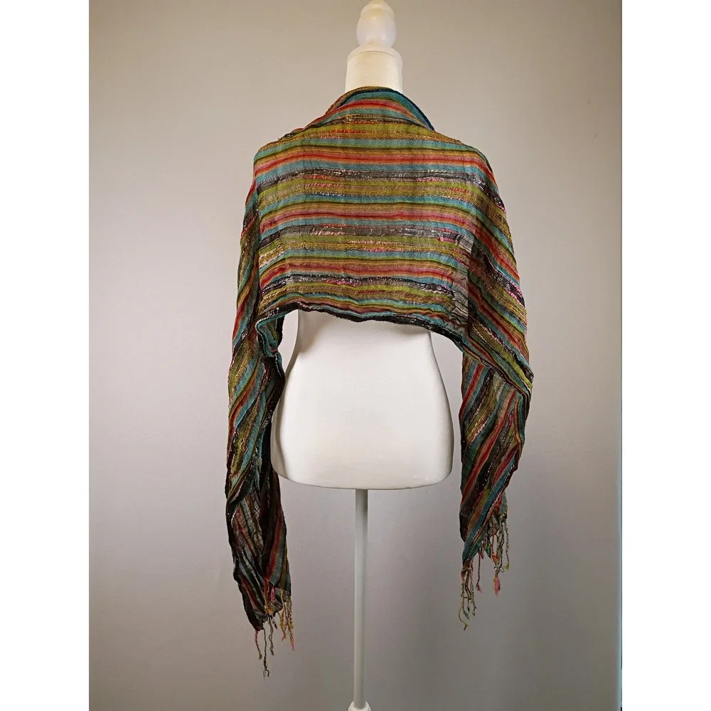 Boho Eclectic Unbranded Womens OS Multicolor Metallic Striped Fringe Scarf